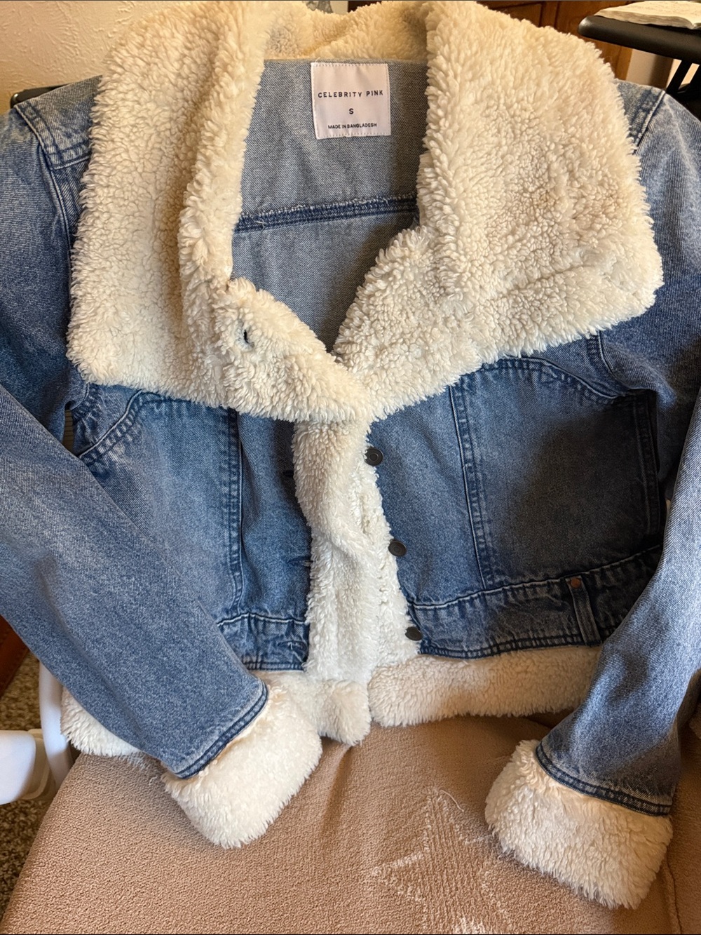 Celebrity Pink Light Blue Denim Jacket with Cream Sherpa
